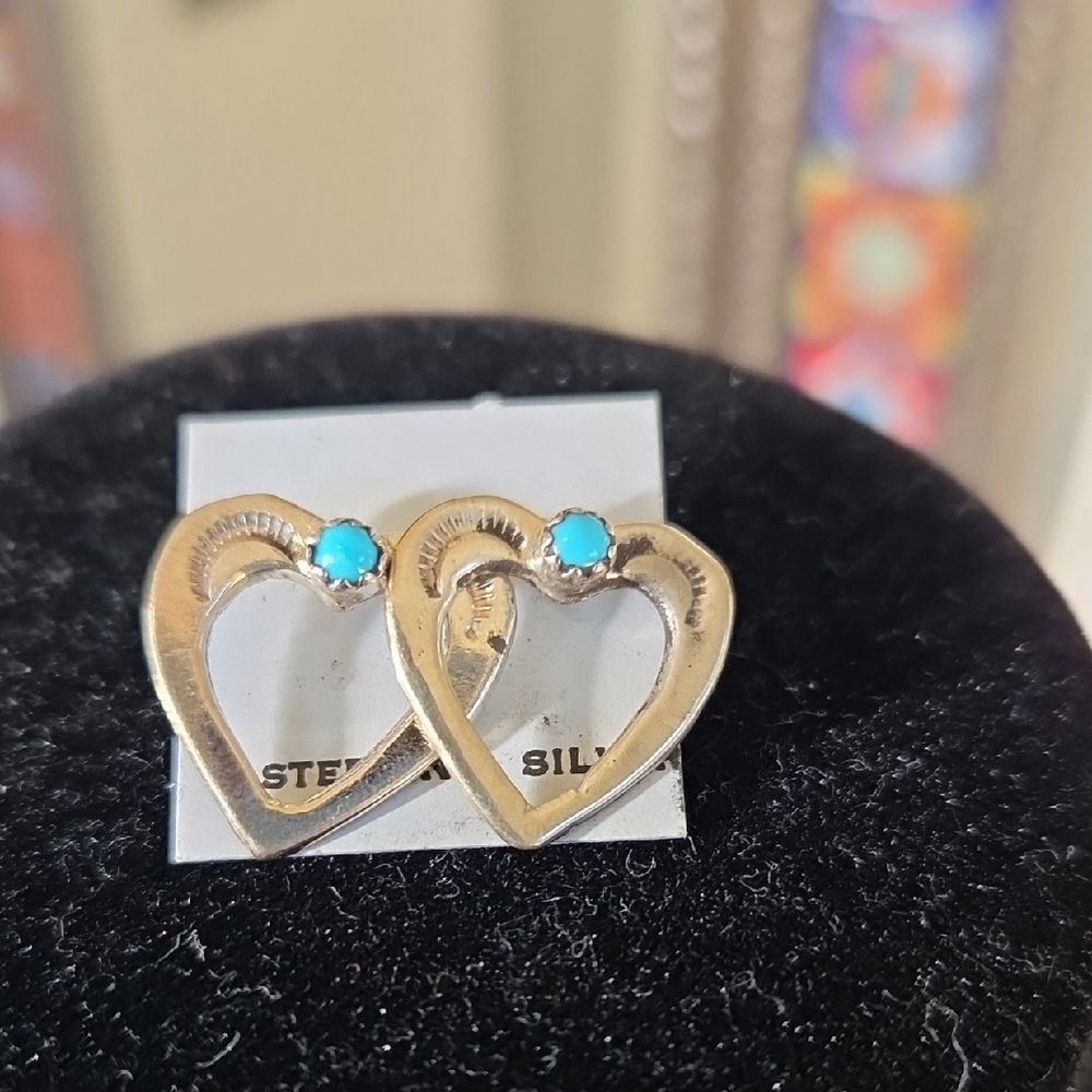 Sterling Silver Heart Earrings with Turquoise Stones